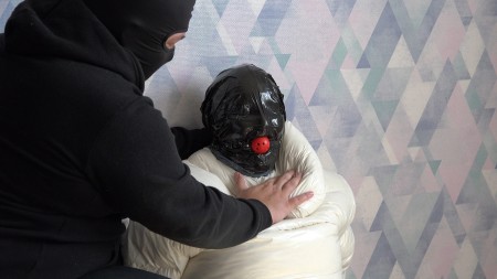 Shiny down suit breath control - Sus in shiny down suit get breathplay with plastic bag and gag