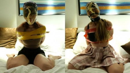Xiaomeng and Xiaoyu Breathplay Contest - This is a custom video and the first video of Xiaomeng and Xiaoyu together!
It is about a breathplay and escape contest. First, Xiaomeng will tie Xiaoyu using tape, gag her with a ball gag, and put a breathplay hood with no holes on her head. Xiaoyu will then try her best to free herself before she runs out of air or says the safe word. After that they switch the roles and complete one round of the contest. The girl who escapes quicker is the winner of the round. If both fail, the girl who stays under the hood longer is the winner.
Such game will be played for at most three rounds, and whoever wins two rounds is the winner of the contest. You know what will happen to the loser: a punishment in a future video.
The contest is very interesting, and Xiaomeng even tried to use her feet to remove the hood Who do you think can win the contest?